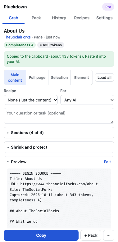 The Pluckdown panel showing a captured page with its completeness grade and token count