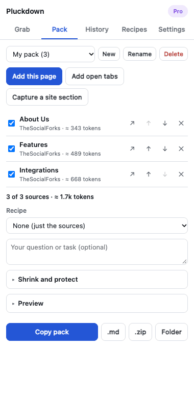 A Pluckdown context pack with several sources and a token total