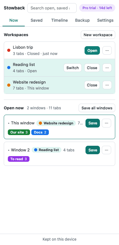 The Stowback panel listing three workspaces and the windows that are open, with their tab groups