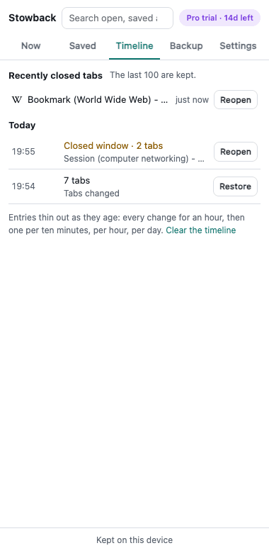 The Stowback timeline with recently closed tabs and a closed window, each of which can be reopened